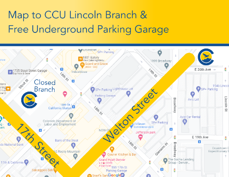 Map to CCU Lincoln branch & free underground parking garage - 17th Street - Welton Street