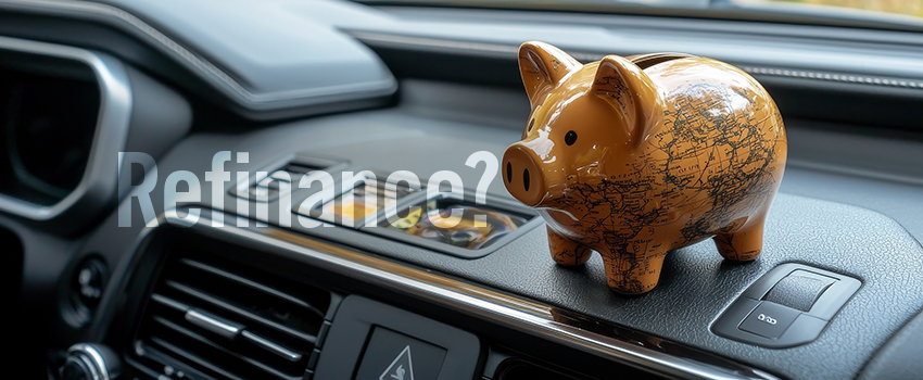Auto Loan Refinance piggy bank on car dashboard