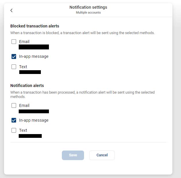 Notification settings - multiple accounts - Blocked transaction alerts - notification alerts