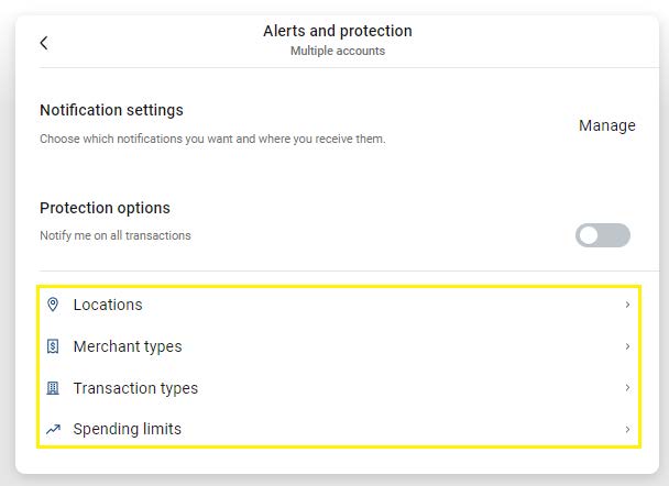 Alerts and protection - multiple accounts - notification settings - manage - protection options