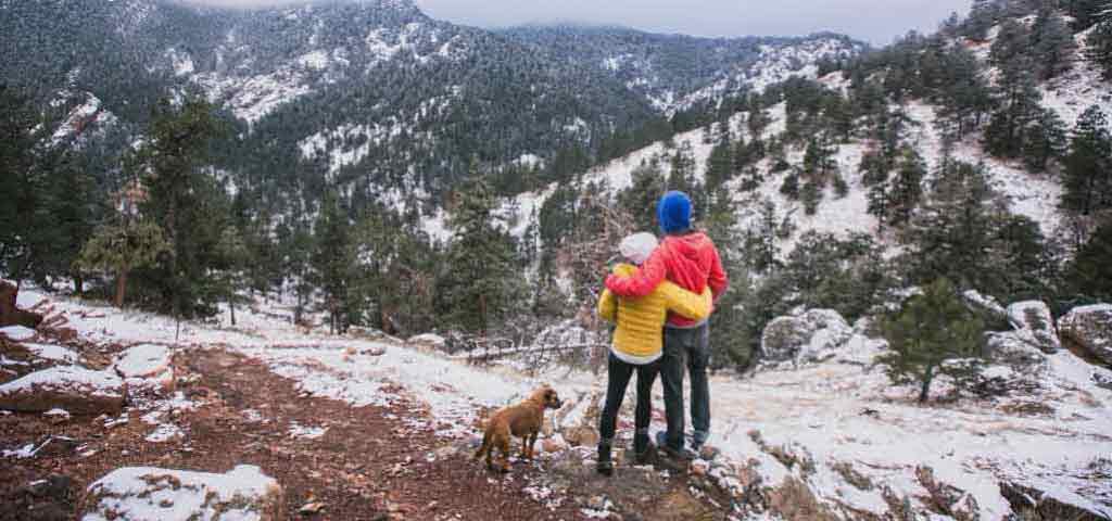 Couple and dog standing on a mountain.